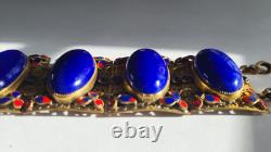 Art Deco Bracelet Cuff Lapis Blue Enamel Goldtone Egyptian 1920s Cobalt Filigree