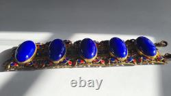 Art Deco Bracelet Cuff Lapis Blue Enamel Goldtone Egyptian 1920s Cobalt Filigree