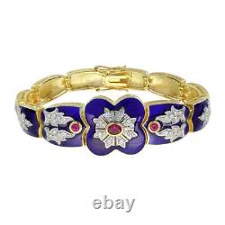 Art Deco Style Lab Created Diamond Ruby Blue Enamel Bracelet 14K Yellow Gold FN