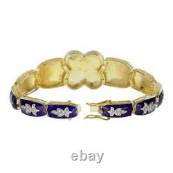 Art Deco Style Lab Created Diamond Ruby Blue Enamel Bracelet 14K Yellow Gold FN
