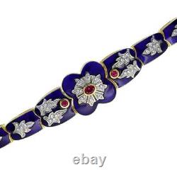 Art Deco Style Lab Created Diamond Ruby Blue Enamel Bracelet 14K Yellow Gold FN