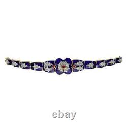 Art Deco Style Lab Created Diamond Ruby Blue Enamel Bracelet 14K Yellow Gold FN