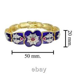 Art Deco Style Lab Created Diamond Ruby Blue Enamel Bracelet 14K Yellow Gold FN