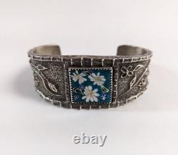 Artisan Sterling Silver Enamel Cuff Bracelet Cloisonne Daisy Flowers Signed