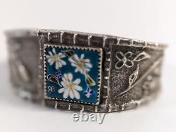 Artisan Sterling Silver Enamel Cuff Bracelet Cloisonne Daisy Flowers Signed
