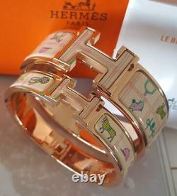 Auth HERMES Clic Clac Cuff Bracelets Rose Gold Pink Enamel LTD ED Bangles NEW
