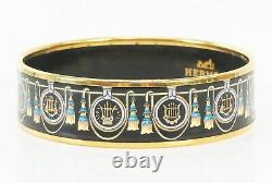 Auth HERMES Goldtone Black Gold Lyre Design Wide Enamel Bracelet PM #38316