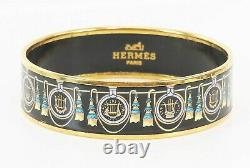 Auth HERMES Goldtone Black Gold Lyre Design Wide Enamel Bracelet PM #38316