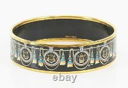 Auth HERMES Goldtone Black Gold Lyre Design Wide Enamel Bracelet PM #38316