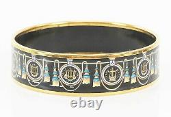 Auth HERMES Goldtone Black Gold Lyre Design Wide Enamel Bracelet PM #38316