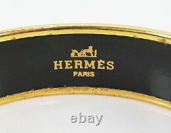 Auth HERMES Goldtone Black Gold Lyre Design Wide Enamel Bracelet PM #38316