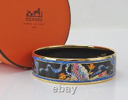 Auth HERMES Goldtone Blue Wide Enamel Bangle Bracelet #56507