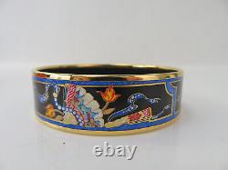 Auth HERMES Goldtone Blue Wide Enamel Bangle Bracelet #56507