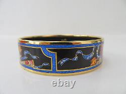 Auth HERMES Goldtone Blue Wide Enamel Bangle Bracelet #56507