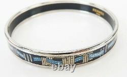 Auth HERMES Silvertone and Blue Ribbon Design Enamel Bangle Bracelet PM #39863