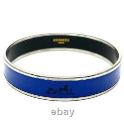 Auth Hermes Email MM Caleche Bangle Bracelet Silver Blue Enamel Horse