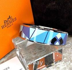 Authentic HERMES Bracelet Bangle Enamel Email Geometric Blue Silver GM 65 withCase