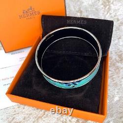 Authentic HERMES Bracelet Bangle Enamel Email Geometric Blue Silver GM 65 withCase