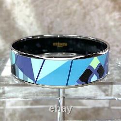 Authentic HERMES Bracelet Bangle Enamel Email Geometric Blue Silver GM 65 withCase