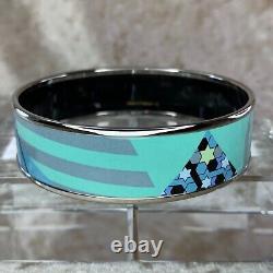 Authentic HERMES Bracelet Bangle Enamel Email Geometric Blue Silver GM 65 withCase