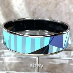 Authentic HERMES Bracelet Bangle Enamel Email Geometric Blue Silver GM 65 withCase