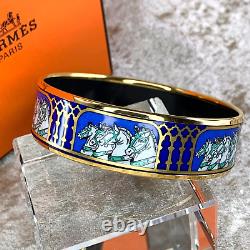 Authentic HERMES Bracelet Bangle Enamel Email Horse Blue Gold Rim GM 65 withBox