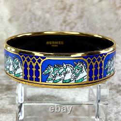 Authentic HERMES Bracelet Bangle Enamel Email Horse Blue Gold Rim GM 65 withBox