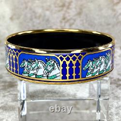 Authentic HERMES Bracelet Bangle Enamel Email Horse Blue Gold Rim GM 65 withBox