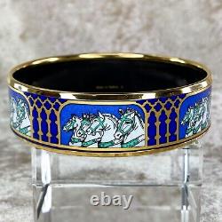 Authentic HERMES Bracelet Bangle Enamel Email Horse Blue Gold Rim GM 65 withBox