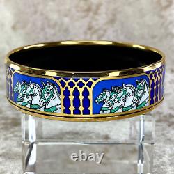 Authentic HERMES Bracelet Bangle Enamel Email Horse Blue Gold Rim GM 65 withBox