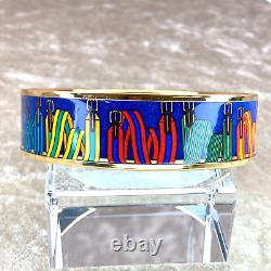 Authentic HERMES Email Bangle Bracelet Blue Enamel Belts Gold Rim GM 70