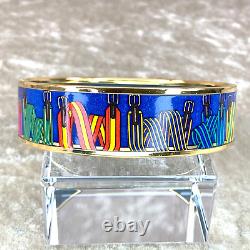 Authentic HERMES Email Bangle Bracelet Blue Enamel Belts Gold Rim GM 70