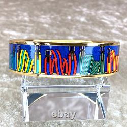 Authentic HERMES Email Bangle Bracelet Blue Enamel Belts Gold Rim GM 70