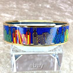 Authentic HERMES Email Bangle Bracelet Blue Enamel Belts Gold Rim GM 70