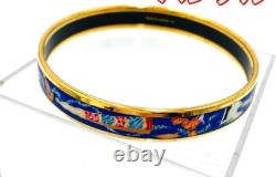 Authentic Hermes Bangle Bracelet Emaille PM Enamel Blue Gold ribbon Vintage Used