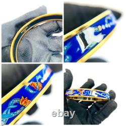 Authentic Hermes Bangle Bracelet Emaille PM Enamel Blue Gold ribbon Vintage Used