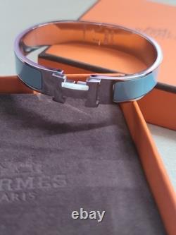 Authentic Hermes Clic H Bangle Bracelet Unisex Blue Enamel With Box