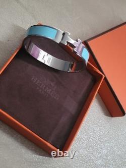 Authentic Hermes Clic H Bangle Bracelet Unisex Blue Enamel With Box