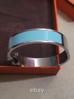 Authentic Hermes Clic H Bangle Bracelet Unisex Blue Enamel With Box