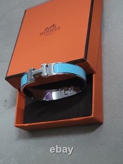Authentic Hermes Clic H Bangle Bracelet Unisex Blue Enamel With Box