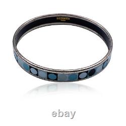 Authentic Hermes Enamel Light Blue Black Deco Dot Bangle Bracelet Palladium Rim