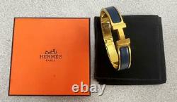 Authentic Hermes H Clic Clac Bangle Bracelet PM Gold Tone Blue Enamel