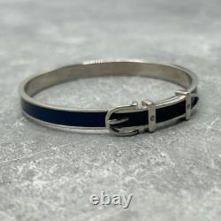 Authentic Hermes dark blue Silver Enamel Buckle Bangle Bracelet Quiet Luxury