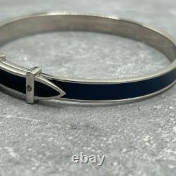 Authentic Hermes dark blue Silver Enamel Buckle Bangle Bracelet Quiet Luxury