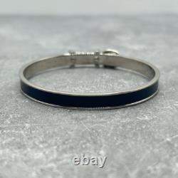 Authentic Hermes dark blue Silver Enamel Buckle Bangle Bracelet Quiet Luxury