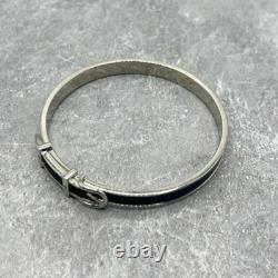 Authentic Hermes dark blue Silver Enamel Buckle Bangle Bracelet Quiet Luxury
