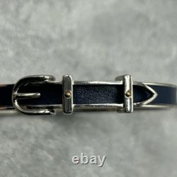 Authentic Hermes dark blue Silver Enamel Buckle Bangle Bracelet Quiet Luxury