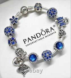 Authentic Pandora Charm Bracelet Silver Bangle BLUE LOVE with European Charms