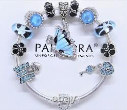 Authentic Pandora Charm Bracelet Silver & Blue Love Butterfly European Charms