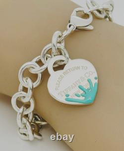 Authentic Return To Tiffany Blue Enamel Splash Heart Tag Charm Bracelet In Box
